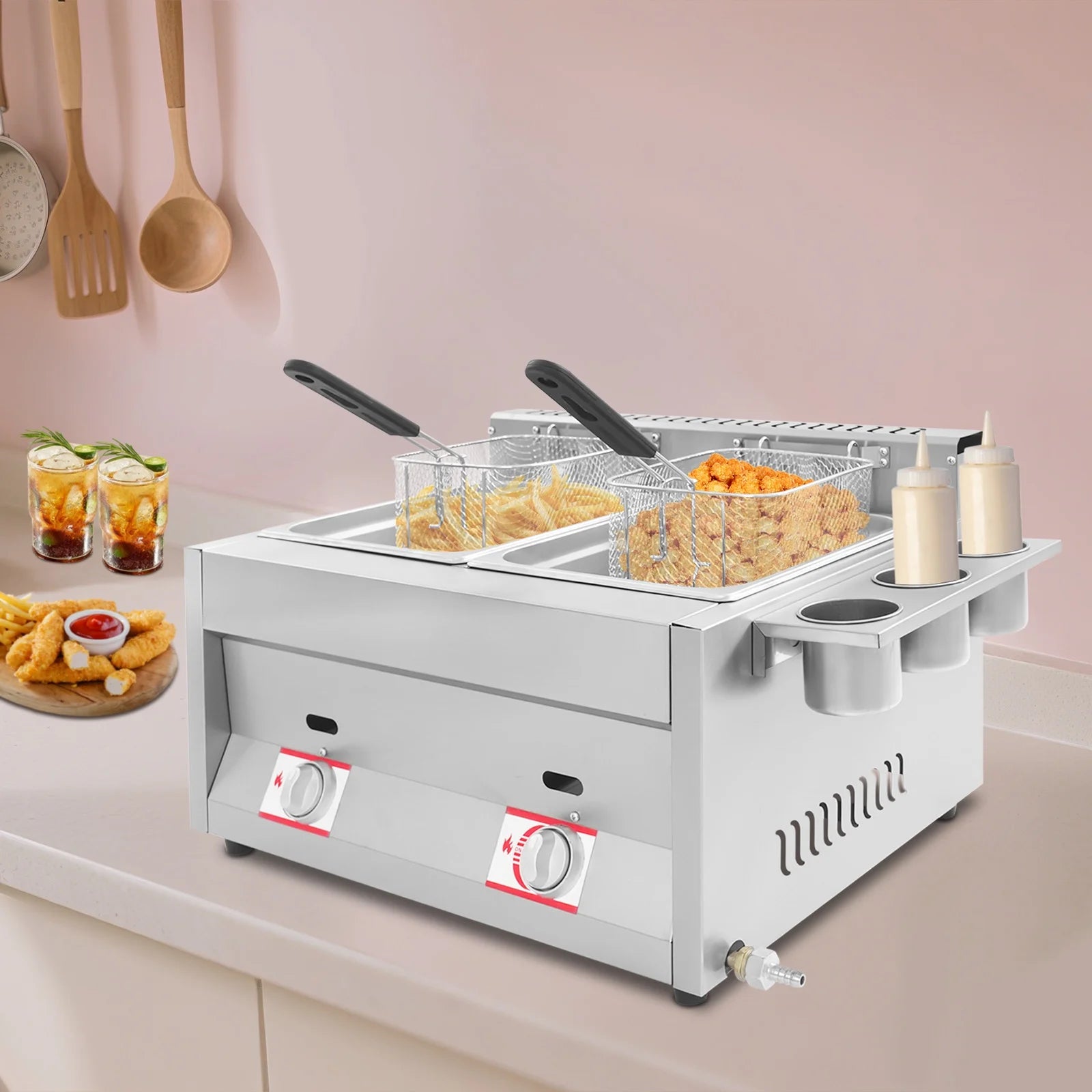 12L 3.17Gal Dual Tank Gas Fryer 430SS Commercial Deep Fryer