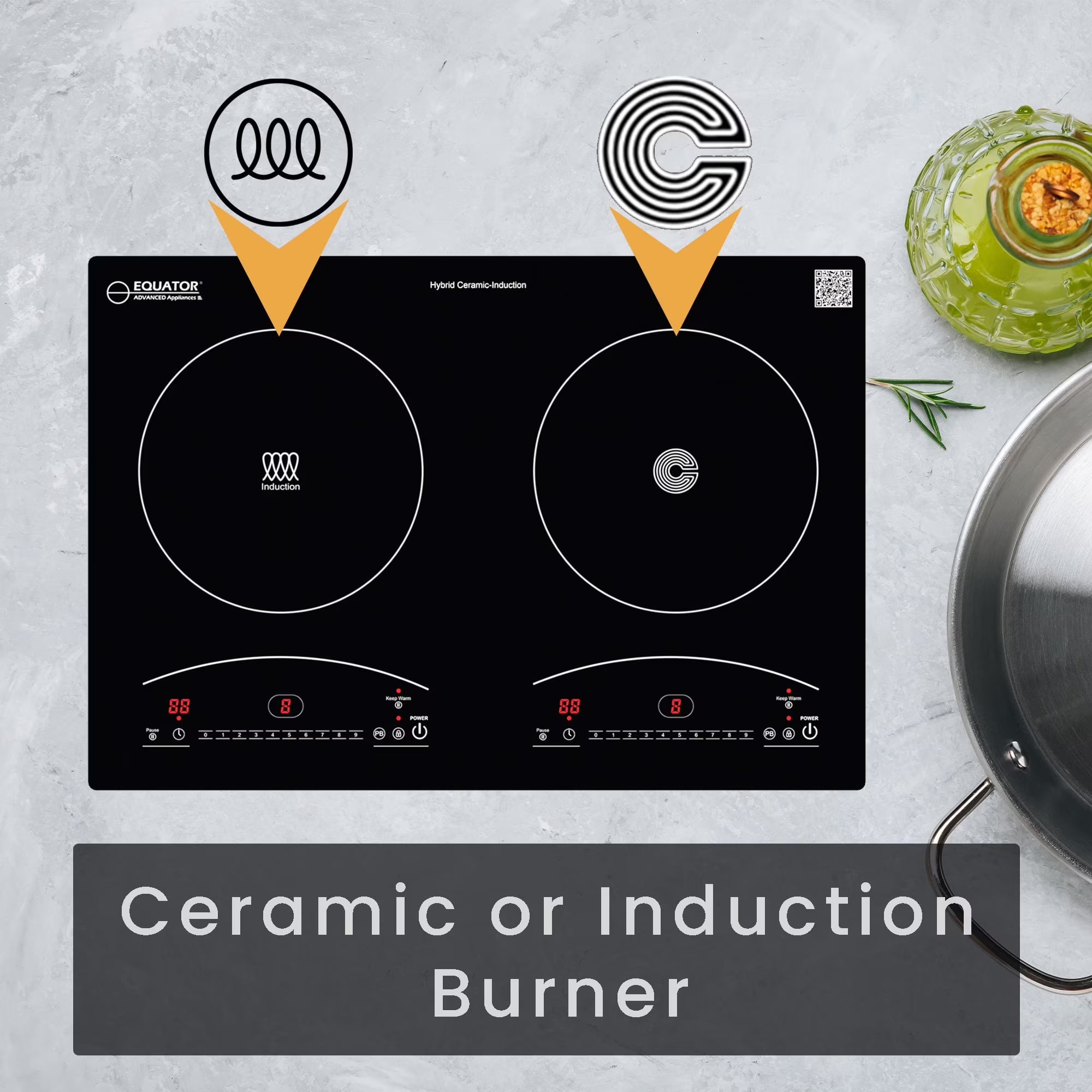 Equator 20" Electric Hybrid CERAMIC-INDUCTION 2 Burner Cooktop with 9 Power 110V