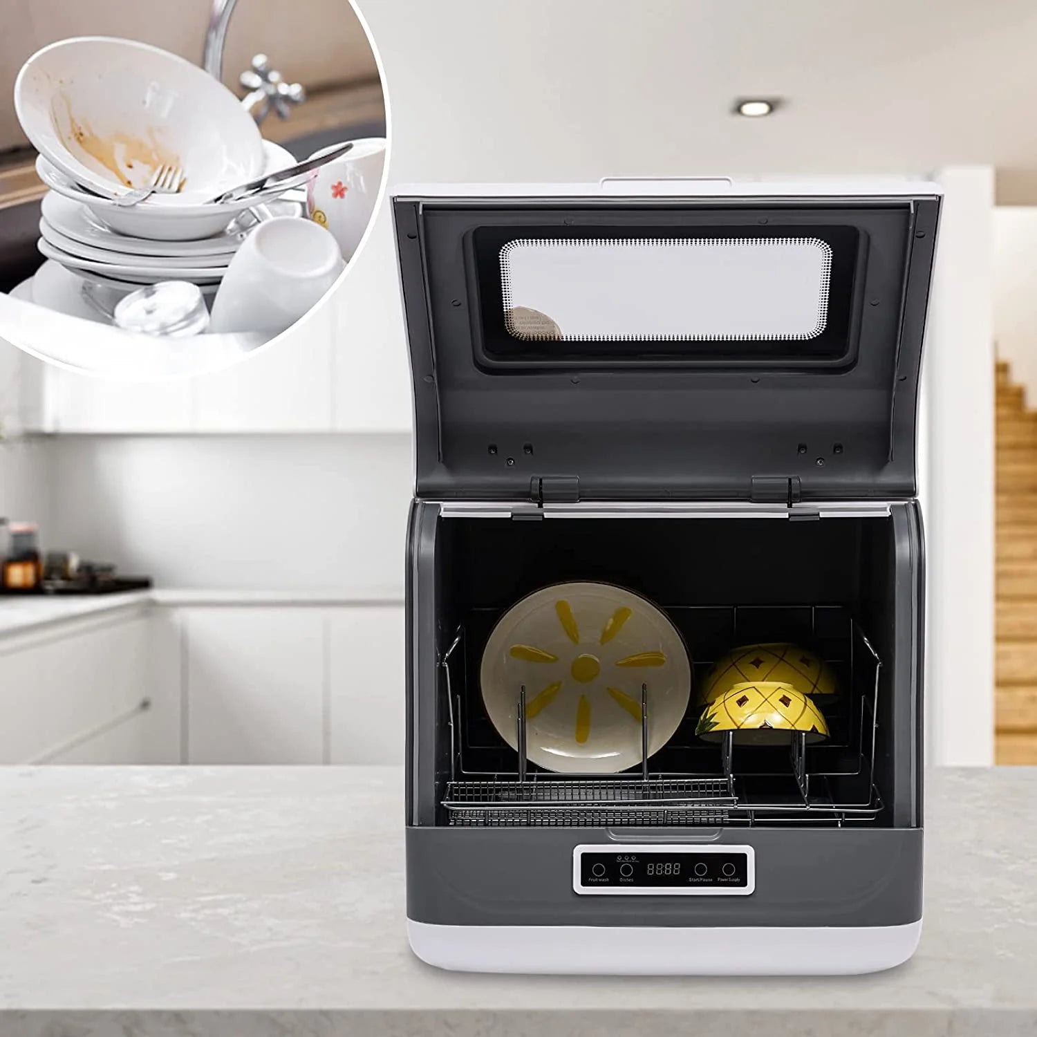 FETCOI Portable Countertop Dishwasher, Compact Mini Dishwasher with Air-Dry Function, 3 Washing Programs, for Small Apartment, RV