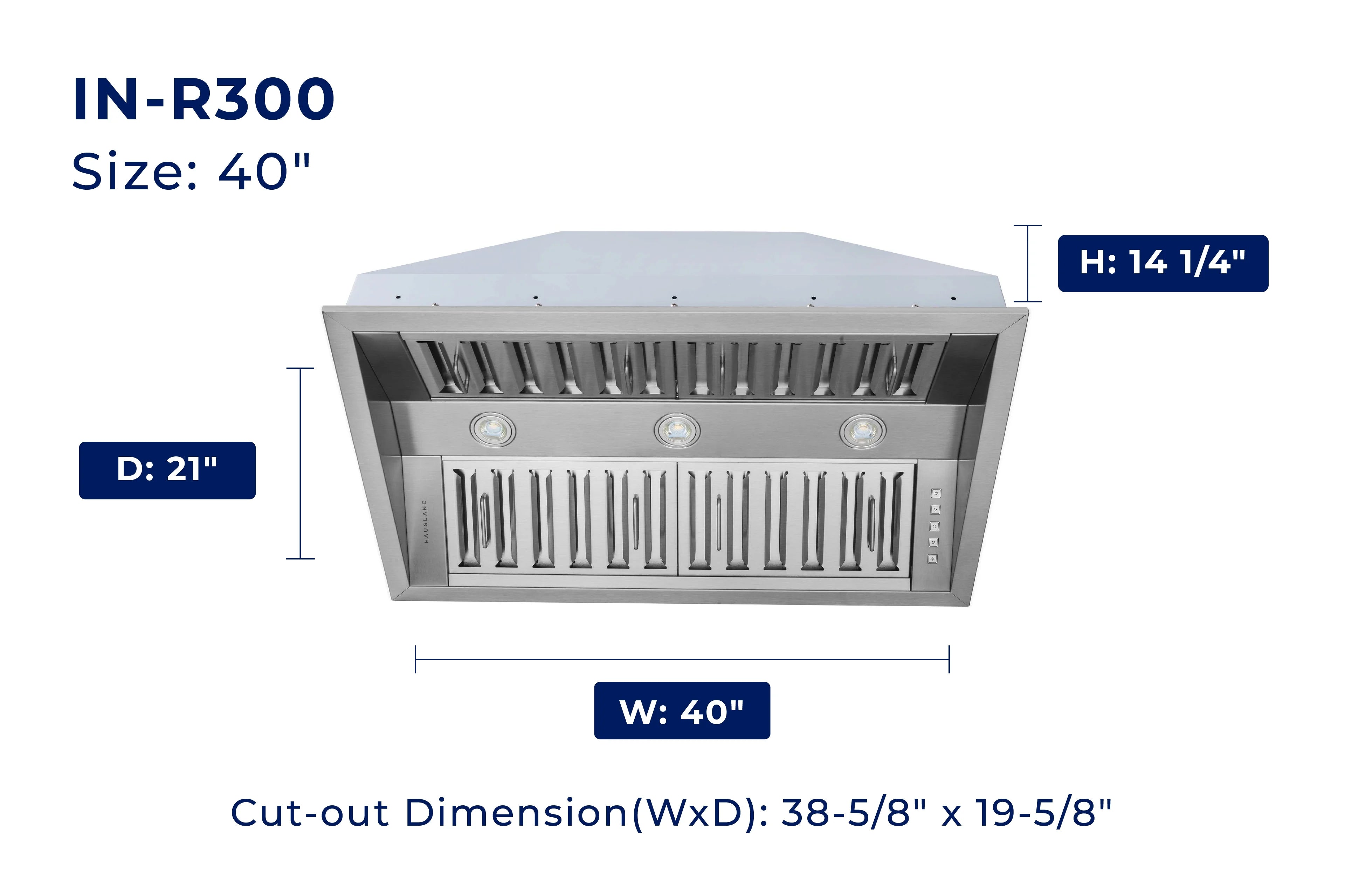 Hauslane | Pro-Style 40�� IN-R300 Built-In Range Hood, 21�� Deep | Low Noise Performance | Contemporary Design, Full-Size Handles, Professional-Grade Baffle Filters & Grease Tray, LED