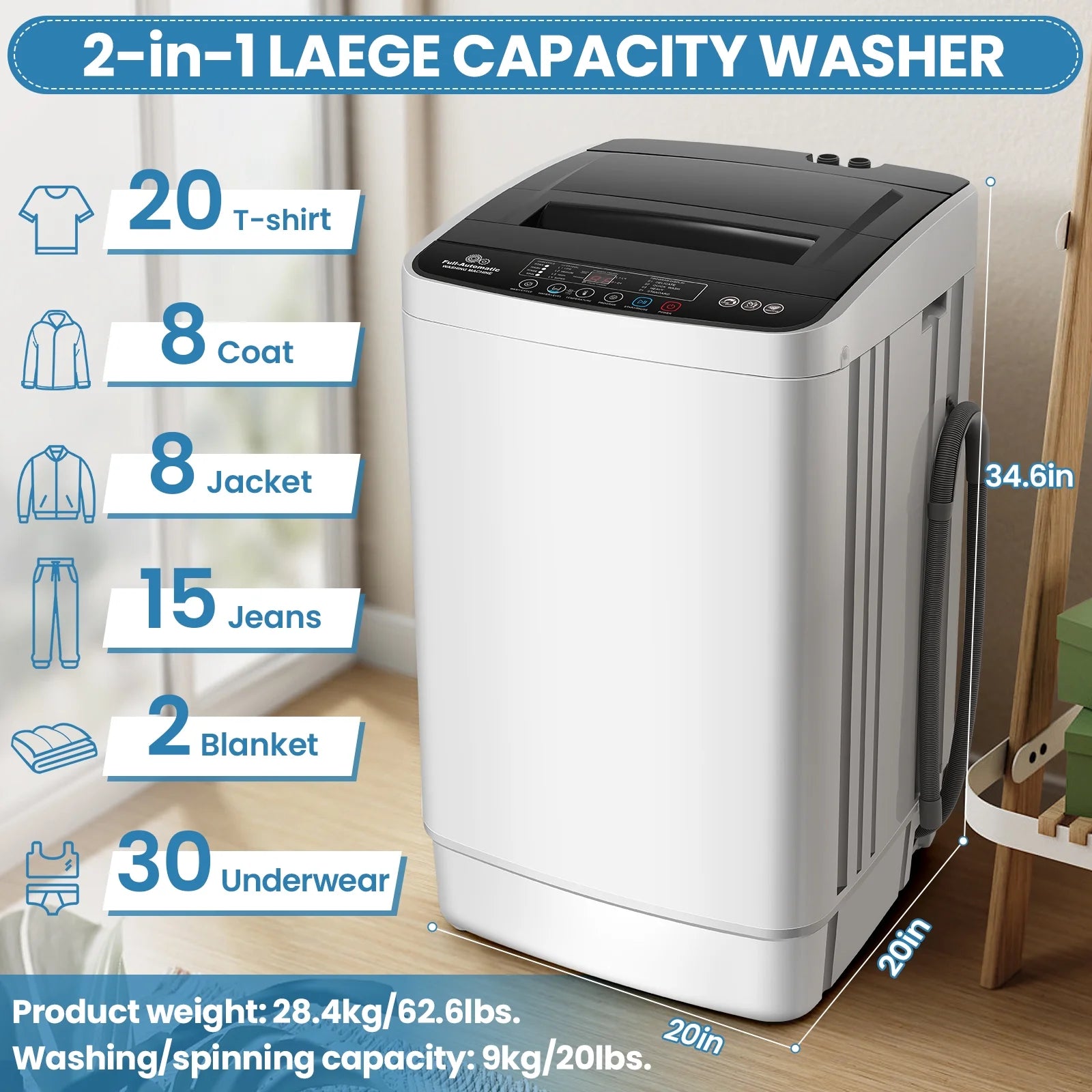 Qhomic Portable Washing Machine, 20lbs Portable Washer with 4 Wash Programs 4 Water Levels 3 Water Temperatures LED Display, Fully Automatic Washing Machine Drain Pump for Home, RV, Dorm