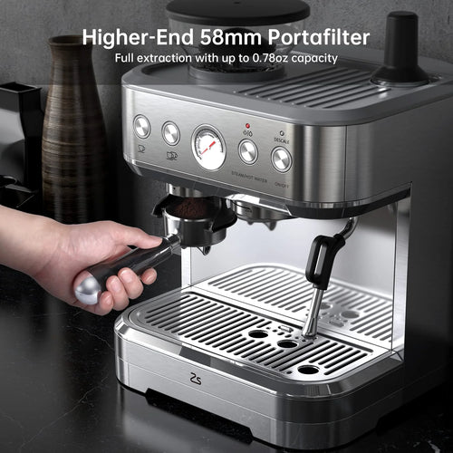 AOILE Espresso Machine with Grinder and Milk Frother �?15 Bar Pump for Cappuccino and Latte, 85oz Removable Water Tank, Stainless Steel, Steam Wand, Auto-Purge Function
