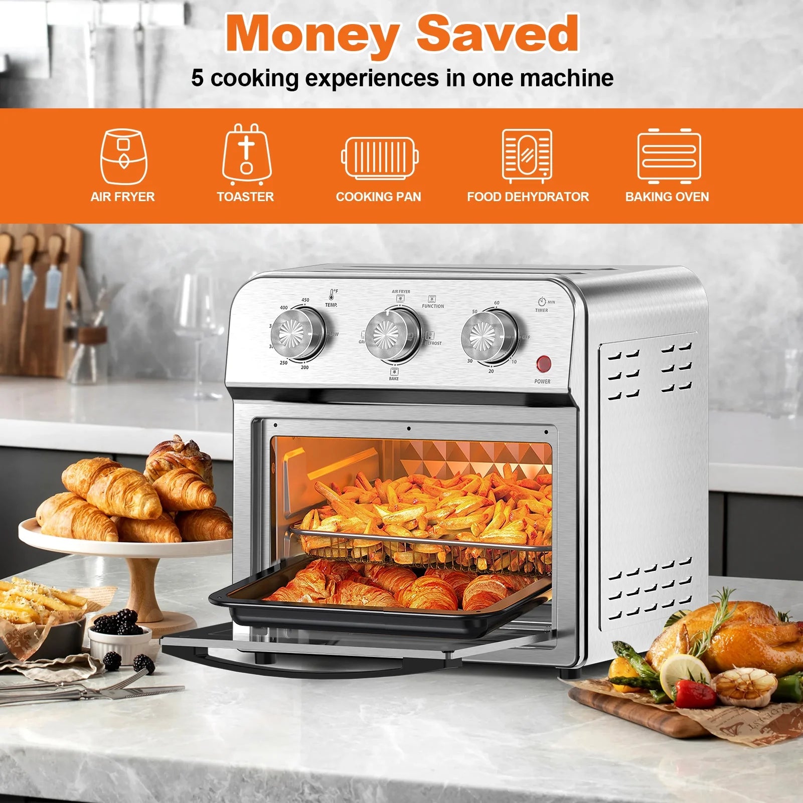 Plum Chef 13QT Air Fryer Toaster Oven Combo, 7-in-1 Multifunctional Countertop Oven with 360�� Hot Air Circulation for Healthy Oil-Free Cooking, Family Size, Stainless Steel, Silver