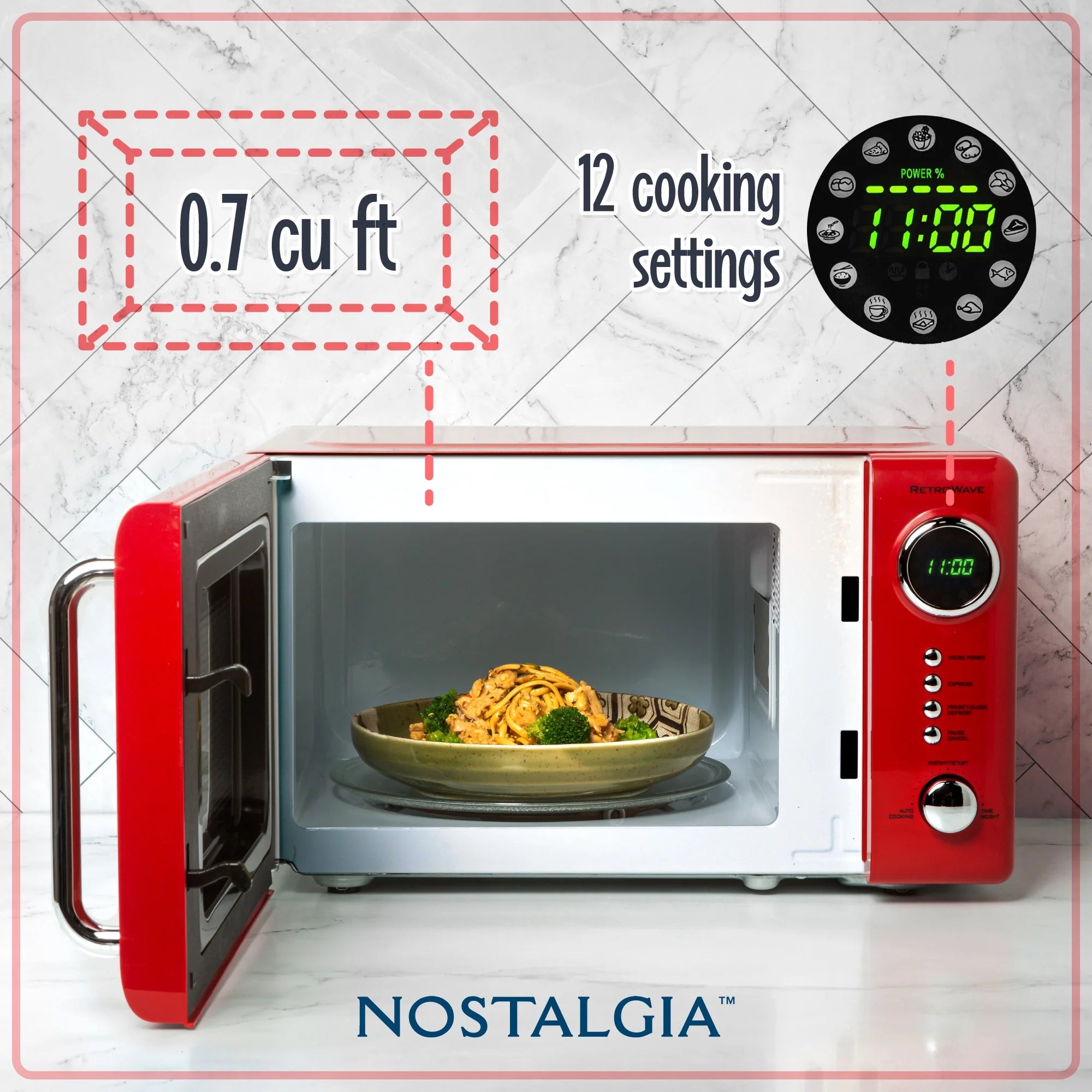 Nostalgia Retro Compact Countertop Microwave Oven - 0.7 Cu. Ft. - 700-Watts with LED Digital Display - Child Lock - Easy Clean Interior - Orange