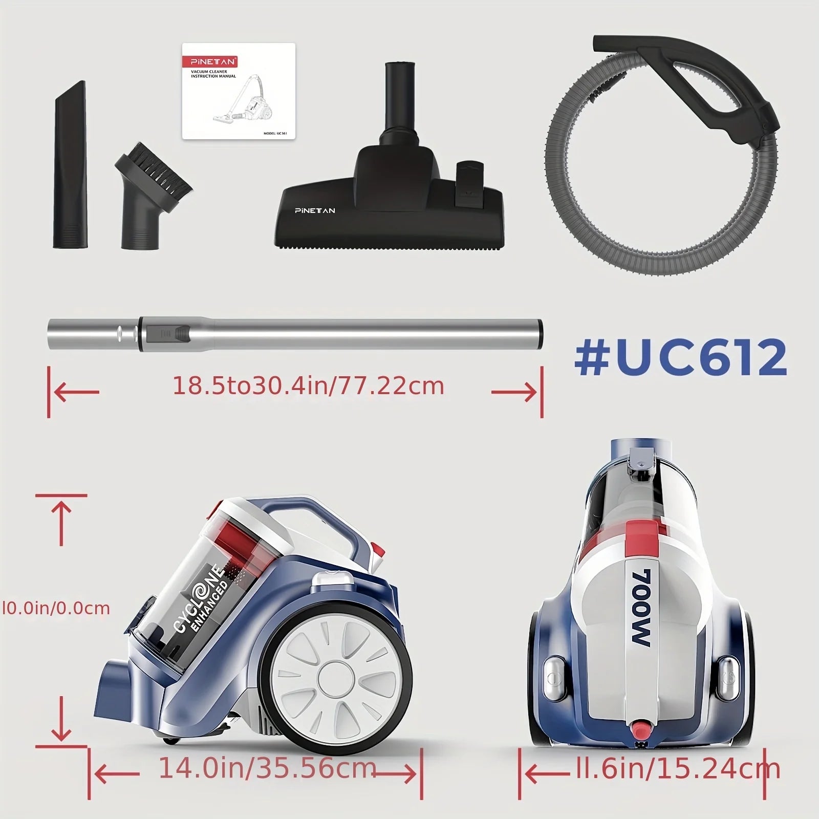 HEPA Vacuum Cleaner PINETAN Bagless Canister Vacuum Cleaner EasyPeasy, HEPA Filter, Auto Cord Rewind, Accessory Holder