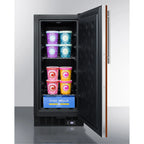 15" wide frost-free freezer for built-in or freestanding use, with integrated door frame to accept overlay panels
