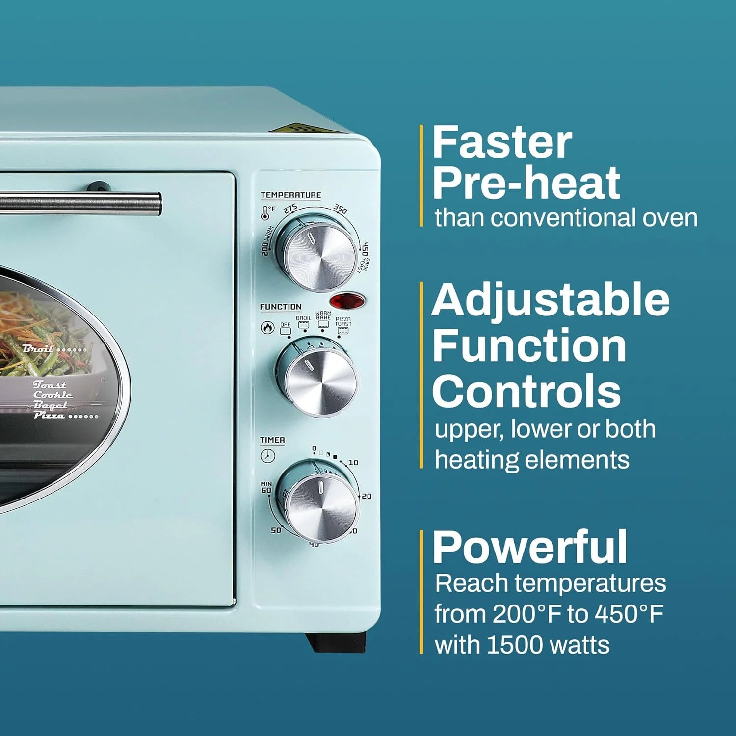 Elite Gourmet Americana by Elite ETO3300M Vintage 50��s Diner Retro Countertop Toaster oven, Bake, Broil, Toast, Fits 12�� Pizza, Temperature Control & Adjustable 60-Minute Timer 1500W, 8-slice, Mint
