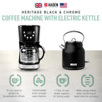 Haden Coffee Maker & Heritage 1.7 Liter Electric Kettle, Black & Chrome