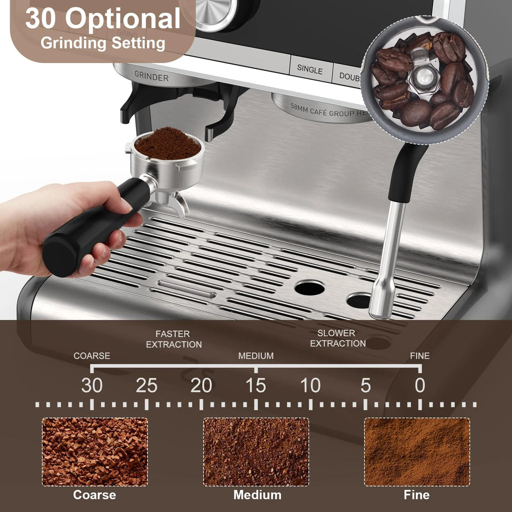 Espresso Coffee Machine with Grinder, 20 Bar Semi-Automatic Espresso Maker with Milk Frother Steamer Wand for Cappuccino, Latte, Macchiato, 2.8 L Water Tank, PID Temperature Control