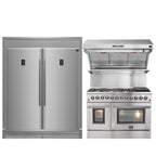 FORNO Premium 3-Piece Kitchen Bundle - FORNO Galiano 48" Freestanding Dual Fuel Range, FORNO Rizzuto 60" W. Dual Combo Convertible Refrigerator, FORNO 48" Wall Mount Range Hood - FBDL-017-02US