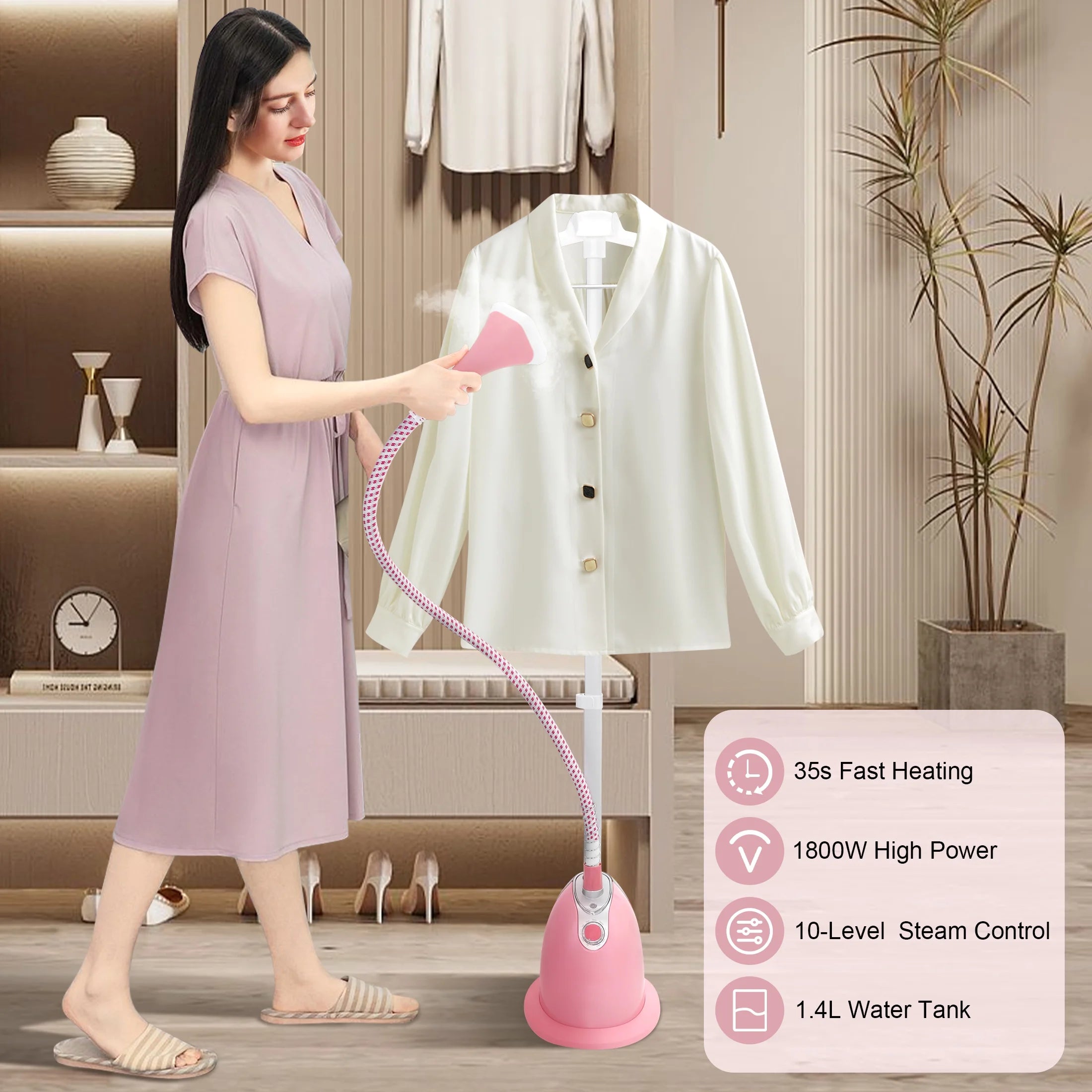 BEAMNOVA Standing Garment Steamer for Clothes, Professional for Home and Business Use Full-Size Clothing Steamer with Hanger & Ironing Board, Pink
