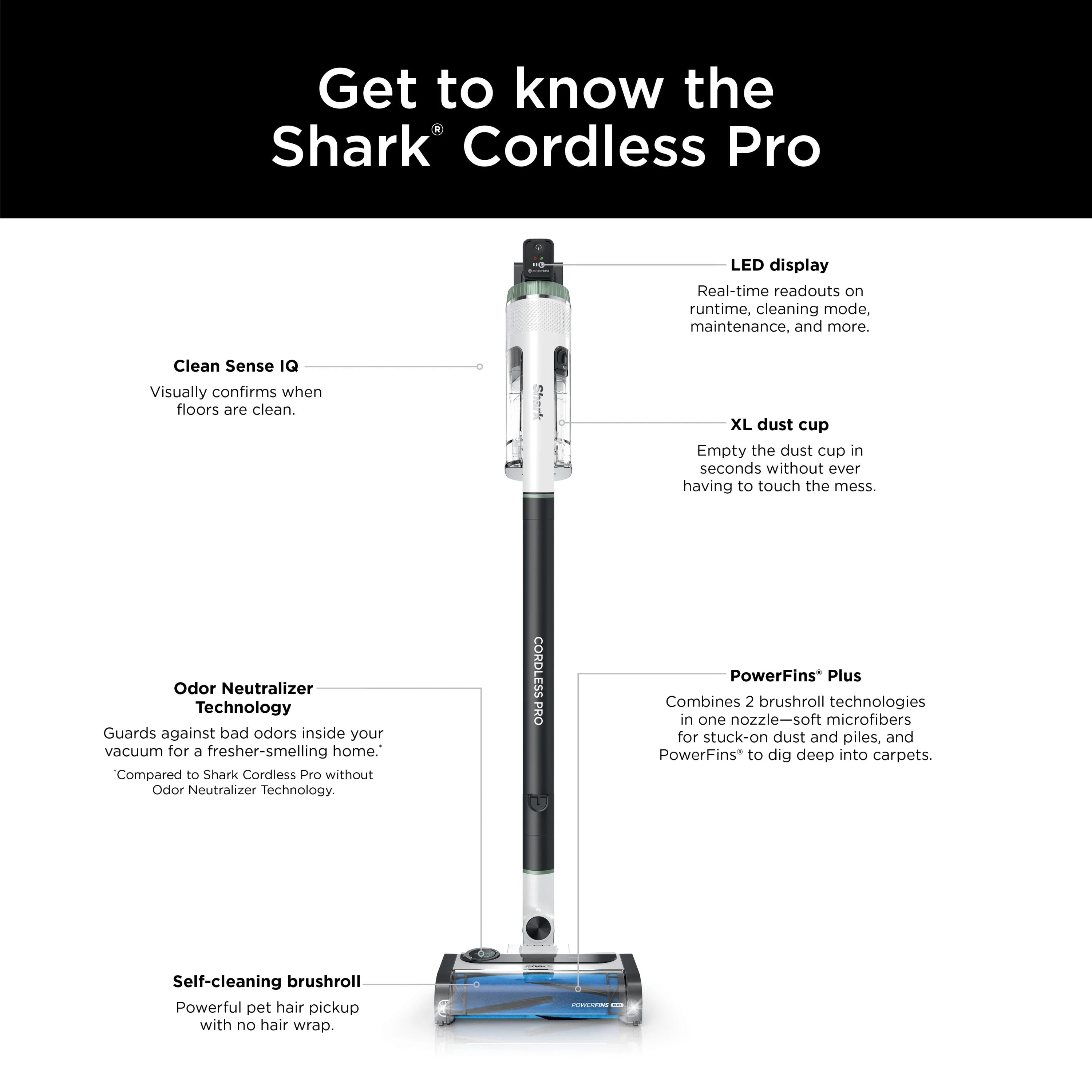 Shark Cordless Pro Stick Vacuum Cleaner, Clean Sense IQ Technology, Odor Neutralizer, PowerFins+ Brushroll