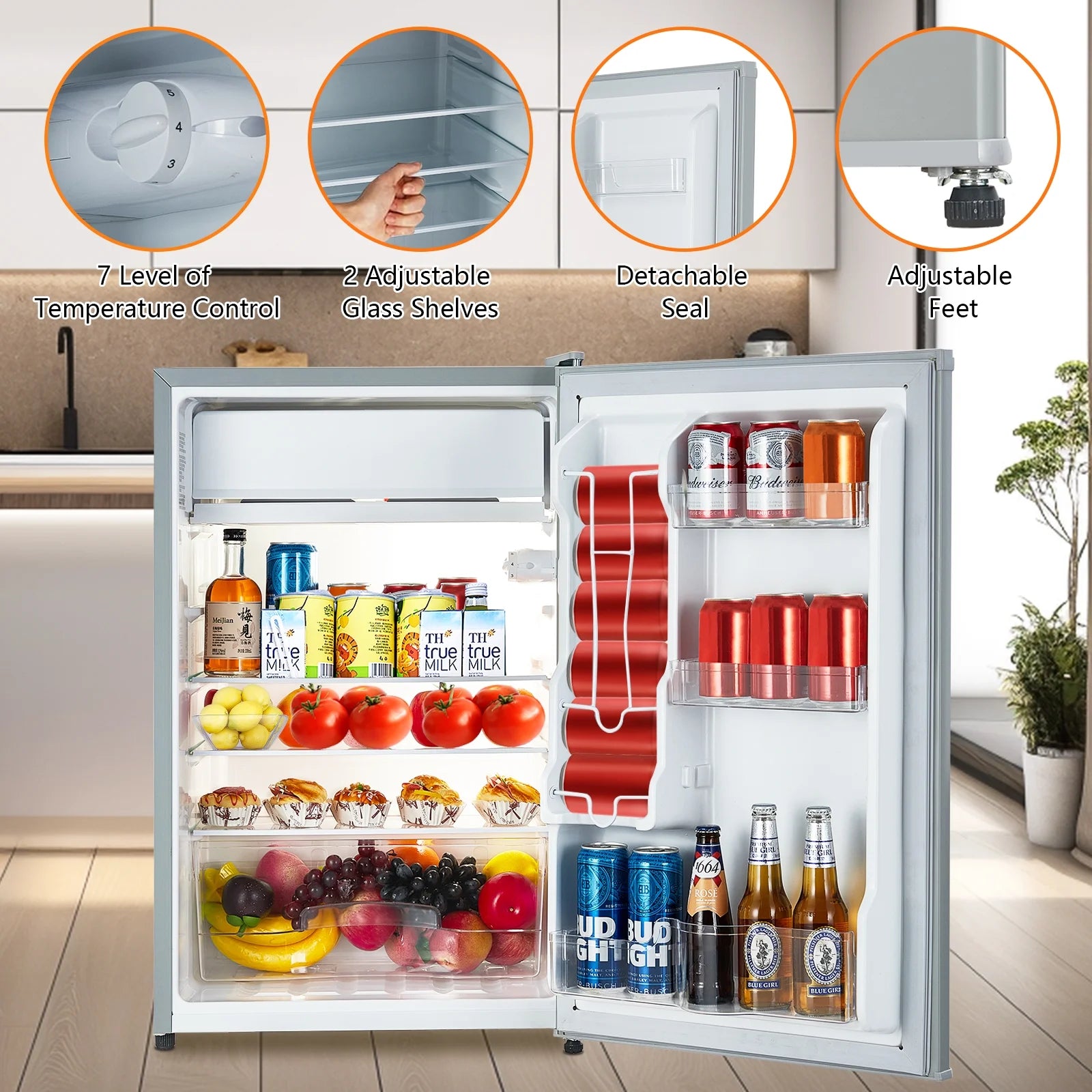4.3 Cu.Ft Mini Fridge With Freezer, Single Door Mini Fridge w/7 Settings Temperature Adjustable, Mini Refrigerator for Apartment, Bedroom, Office, Dorm, Grey