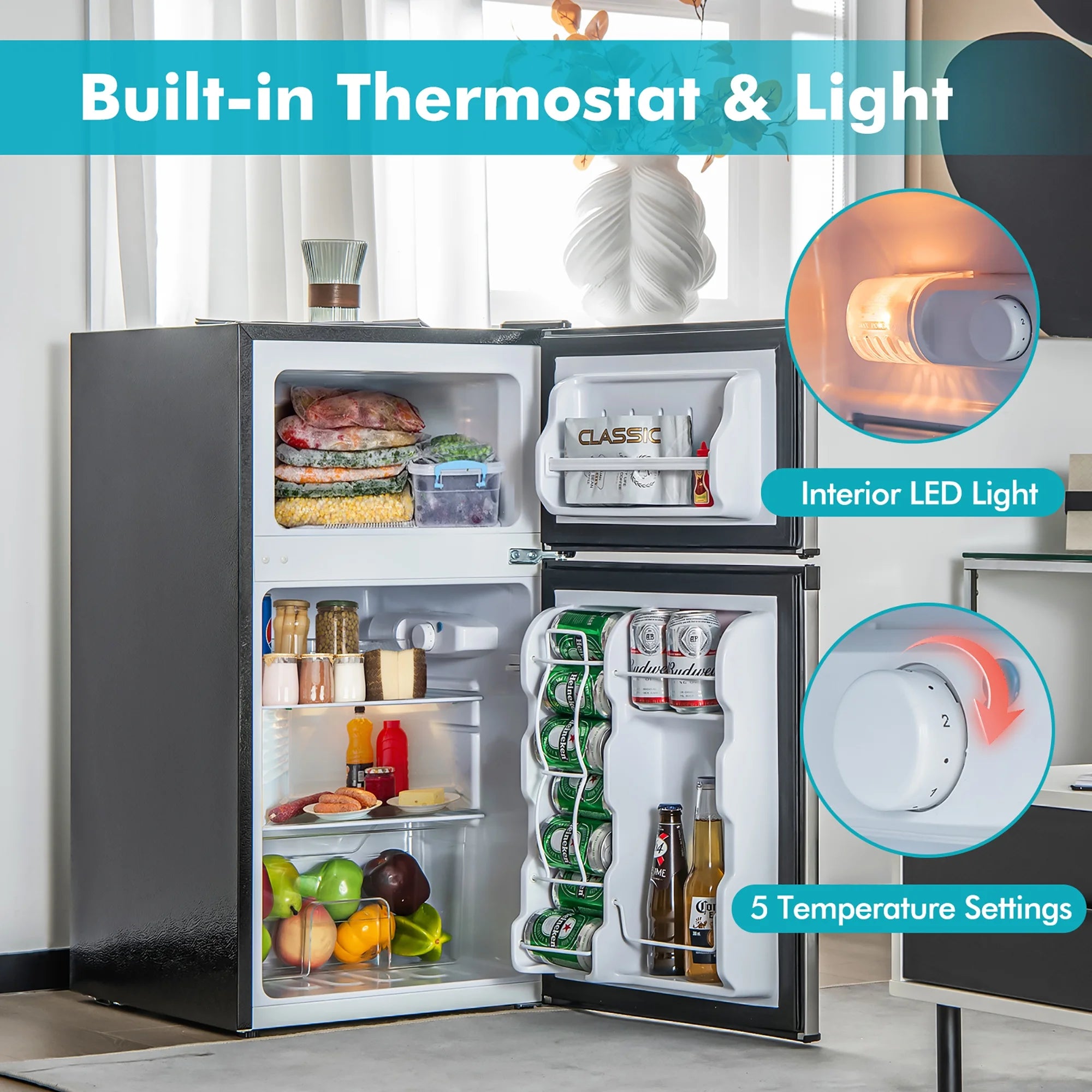 Costway FP10226US-SL Mini Refrigerator with Freezer Compact, Black and Silver, 19'' x 18'' x 33''