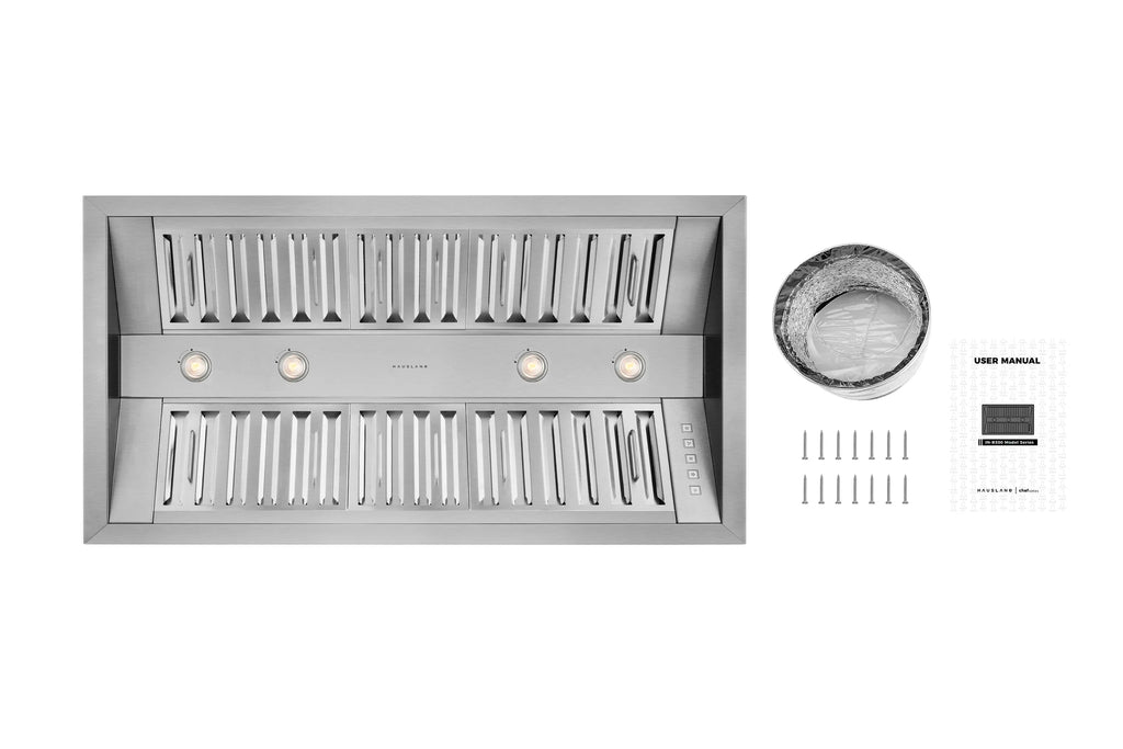 Hauslane | Pro-Style 46a?? IN-R300 Built-In Range Hood, 21a?? Deep | Low Noise Performance | Contemporary Design, Full-Size Handles, Professional-Grade Baffle Filters & Grease Tray, LED Lamps
