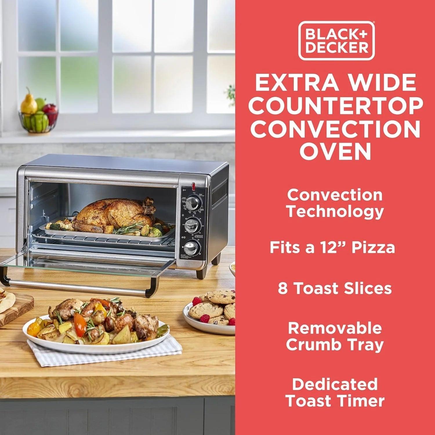 8-Slice Extra Wide Convection Toaster Oven, Fits 9"x13" Oven Pans and 12" Pizza, Bake, Toast, Broil, and Keep Warm Functions, Countertop Compact Design with Stainless Steel Finish