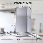 30 inch Kitchen Stainless Wall Mount Range Hood 450CFM Stainless 3-Speed with Led Bulb Dishwasher Filter For Burner 120V