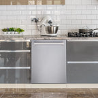 Cosmo 5 Piece Kitchen Appliance Package with 36" Freestanding Gas Range 36" Island Range Hood 24" Built-in Fully Integrated Dishwasher French Door Refrigerator & 48 Bottle Wine Refrigerator