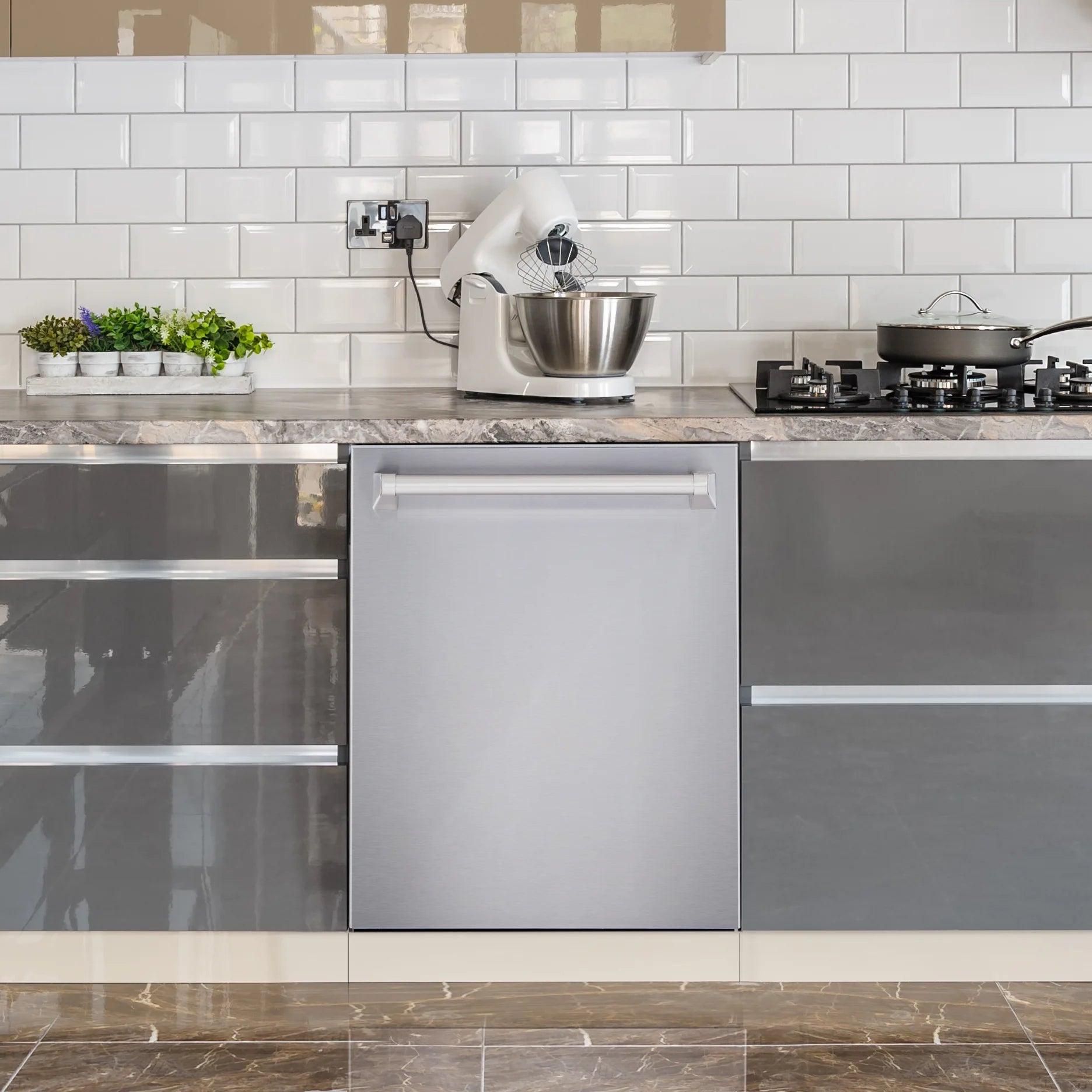 Cosmo 5 Piece Kitchen Appliance Package with 36" Freestanding Gas Range 36" Island Range Hood 24" Built-in Fully Integrated Dishwasher French Door Refrigerator & 48 Bottle Wine Refrigerator