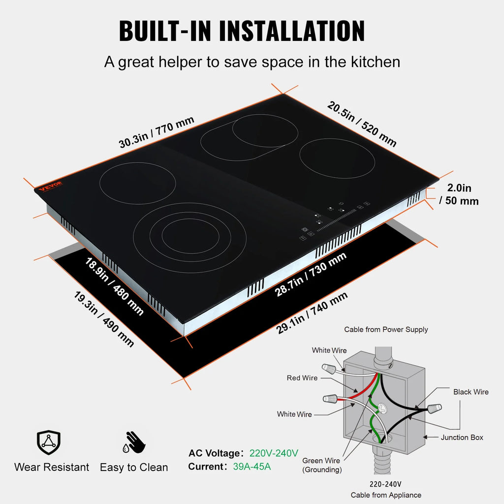 BENTISM Built-in Electric Cooktop Radiant Ceramic Cooktop 4 Burners 30.3x20.5 inch
