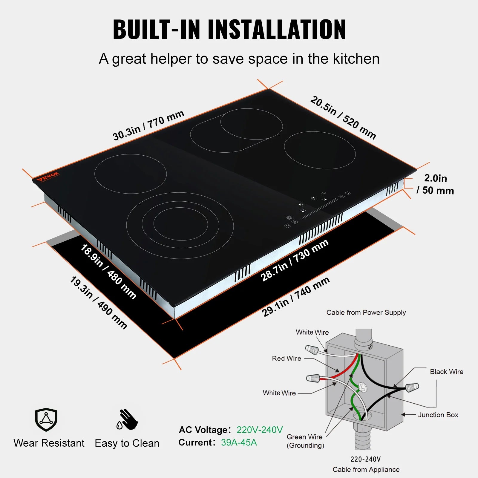 KFFKFF 7200W Electric Ceramic Cooktop, 30" 4 Burners Built-in Countertop Burners Cooker Touch Sensor Control, Overheat Protection, Child Lock, 220-240V (NO Plug)