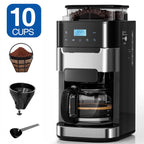 Auseo 10-Cup Drip Coffee Maker with Grinder, Grind and Brew Coffee Maker, 12-Hour Timer, 3 Brew Strength Options, Touch Screen, 1.5L Water Tank, Black