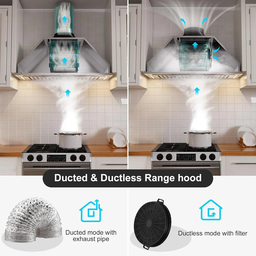 Range Hood Insert 30 Inch, 900 CFM Smart Voice/Gesture/Touch Control, 4 Speed Exhaust Fan, Stainless Steel Kitchen Hood with Charcoal Filter, Ducted/Ductless Convertible