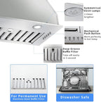 20 inch Range Hood Built-in 800CFM Stainless Kitchen Vent Exhaust 3-Speed with Led Bulb Filters 120V