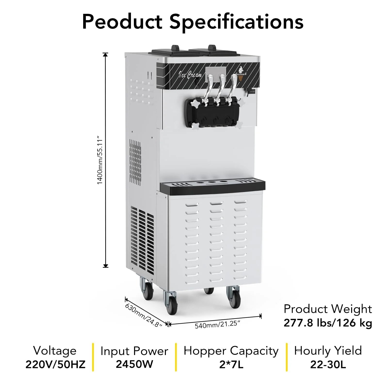 Entcook 3 Flavors Commercial Ice Cream Maker, 5.8-8 Gal/H Countertop Soft Serve Ice Cream Yogurt Machine with LCD Display