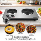 CUSIMAX 1800W Portable Double Burner Hot Plate �?Stainless Steel Countertop Electric Cooktop with Dual Cast Iron Heating Plates, Easy-to-Clean Silver Design, Upgraded Version
