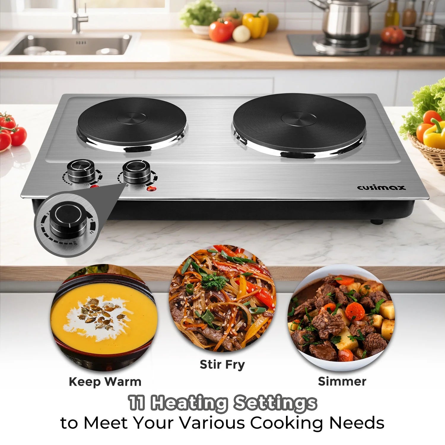 CUSIMAX 1800W Portable Double Burner Hot Plate �?Stainless Steel Countertop Electric Cooktop with Dual Cast Iron Heating Plates, Easy-to-Clean Silver Design, Upgraded Version