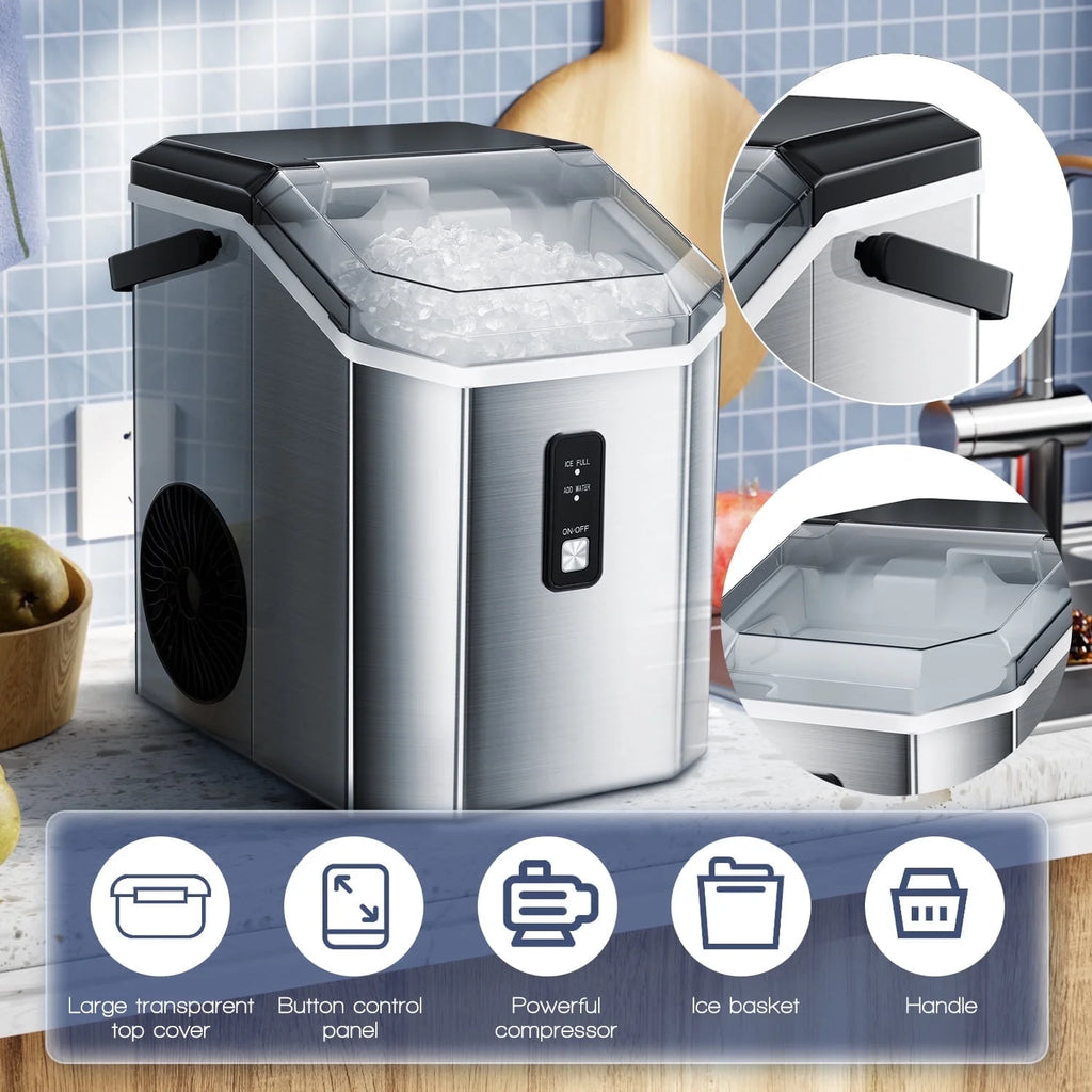 LHRIVER Nugget Countertop Ice Maker with Soft Chewable Ice, 35Lbs/24H, Self-Cleaning, Ice Scoop,Stainless Steel Silver