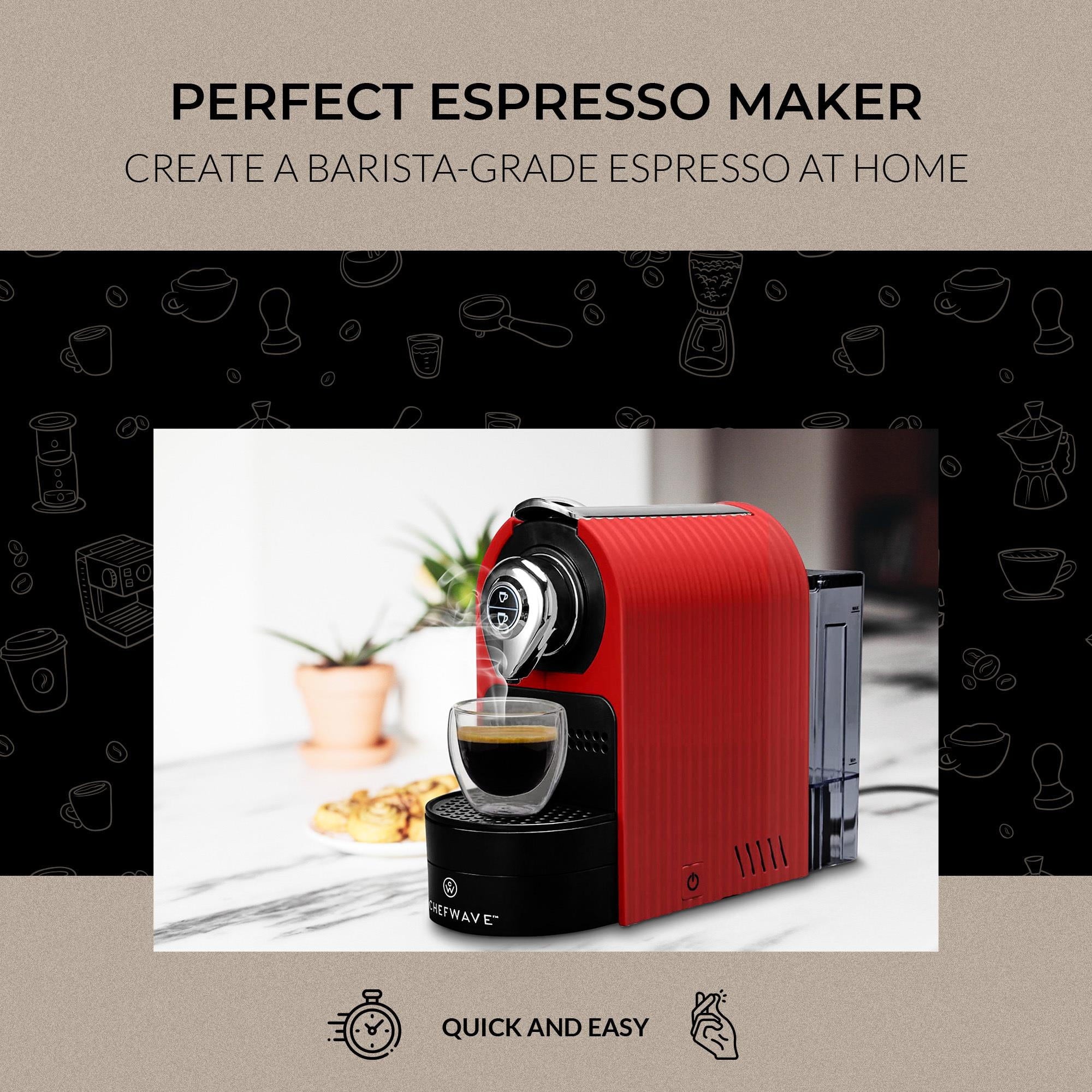 ChefWave Espresso Machine for use with Nespresso Capsules (Red), Holder and Cups