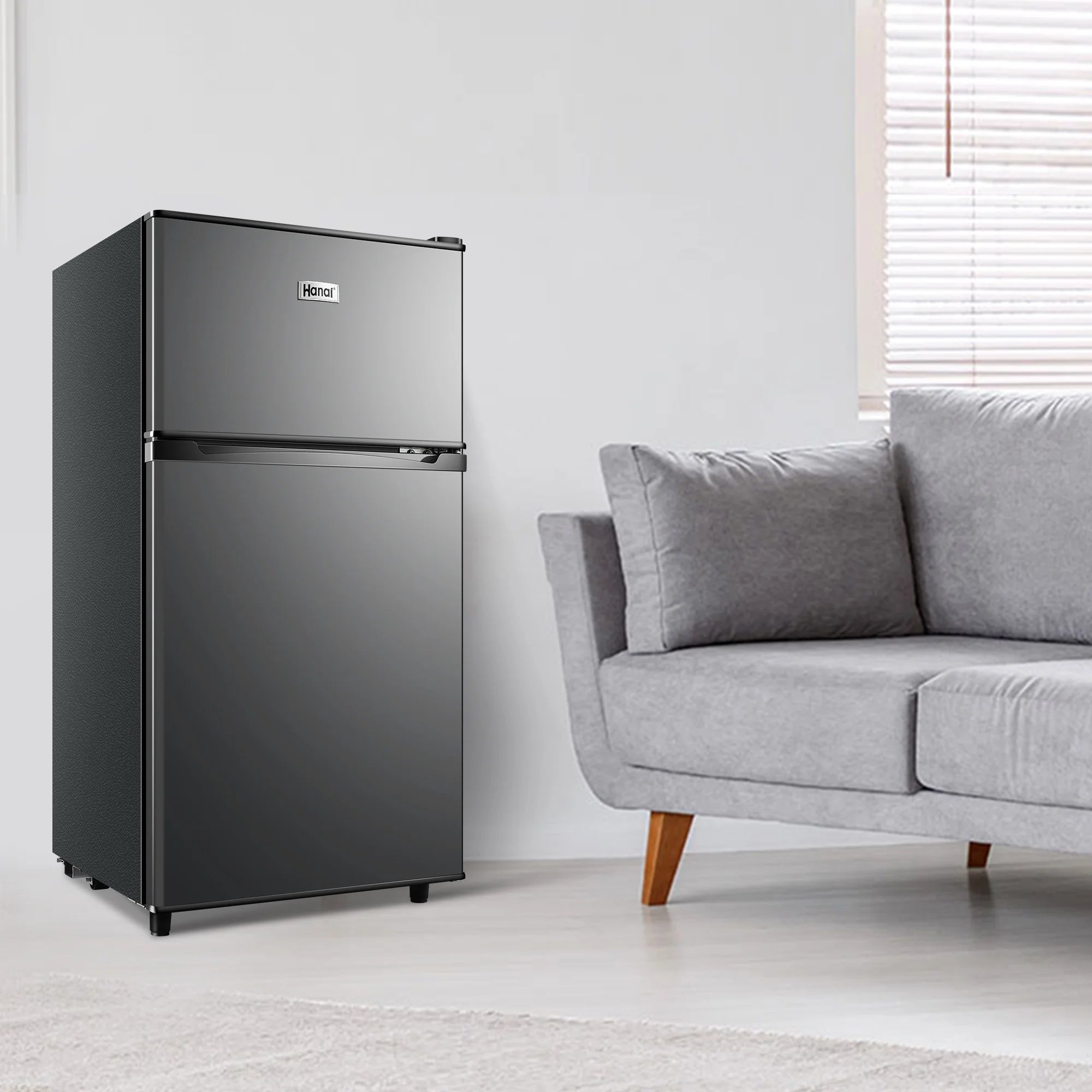 WANAI 3.5 Cu ft Two Door Mini Fridge with Freezer,Apartment Size Refrigerator,Dark Grey,New