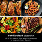 Ninja Sizzle Indoor Grill, 14'' Nonstick Grill Plate, Dishwasher-Safe Removable Mesh Lid, Even Edge-to-Edge Cooking, Black/Silver, GR100