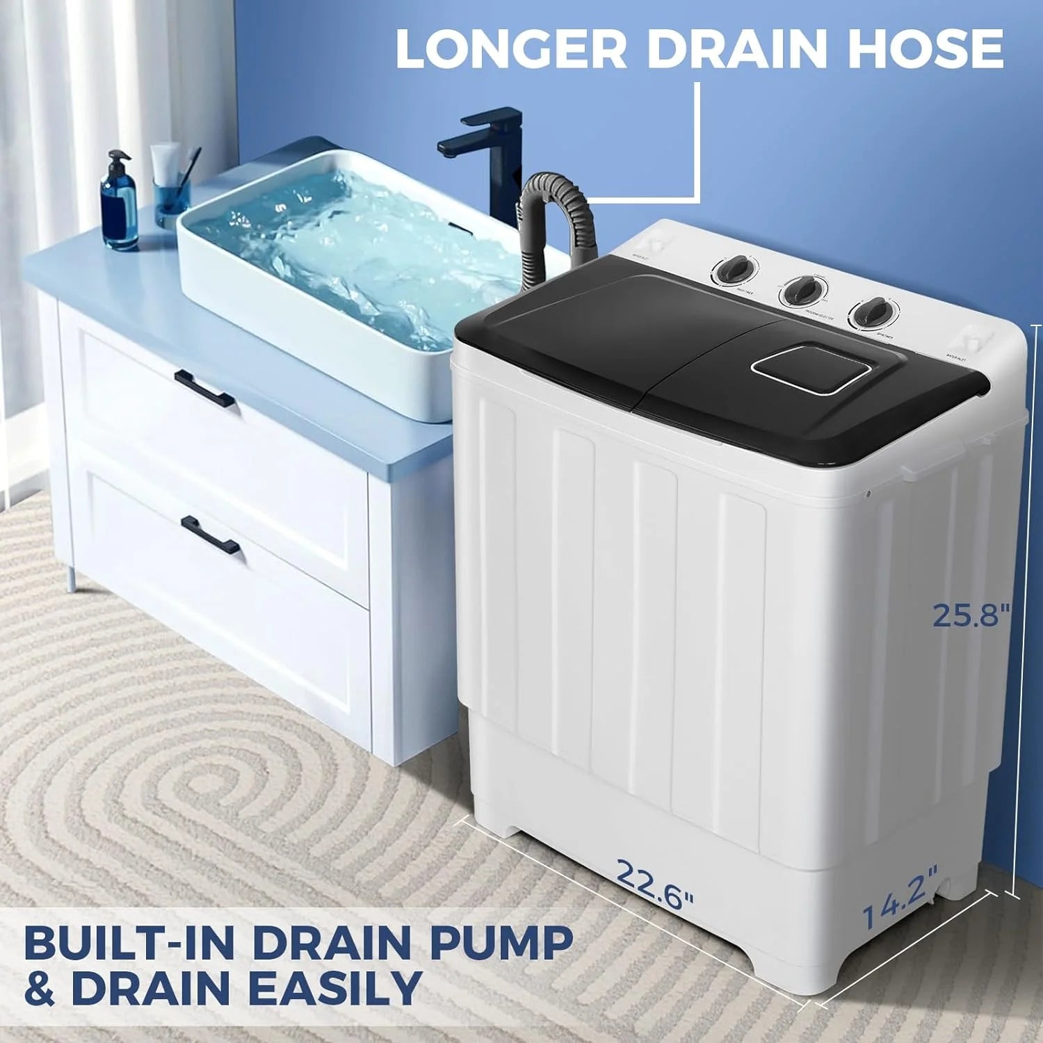 Qhomic Portable Washer 30lbs, 2-in-1 Twin Tub Washer & Dryer Combo Compact Semi-Automatic Washing Machine with Drain Pump, Black