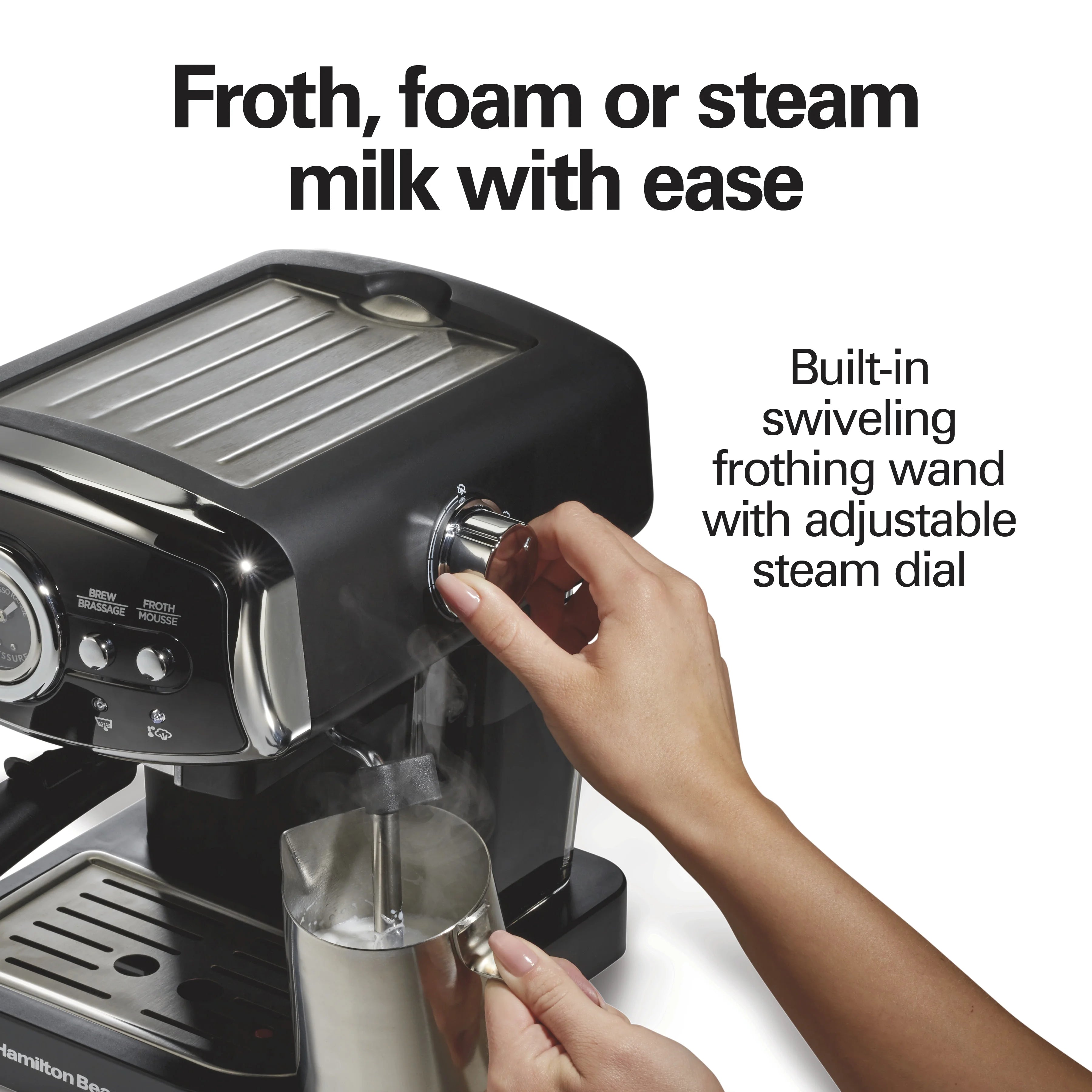 Hamilton Beach 15-Bar, 2 Cup Espresso Machine, Slide & Lock Espresso Maker with Milk Frother, Black & Chrome