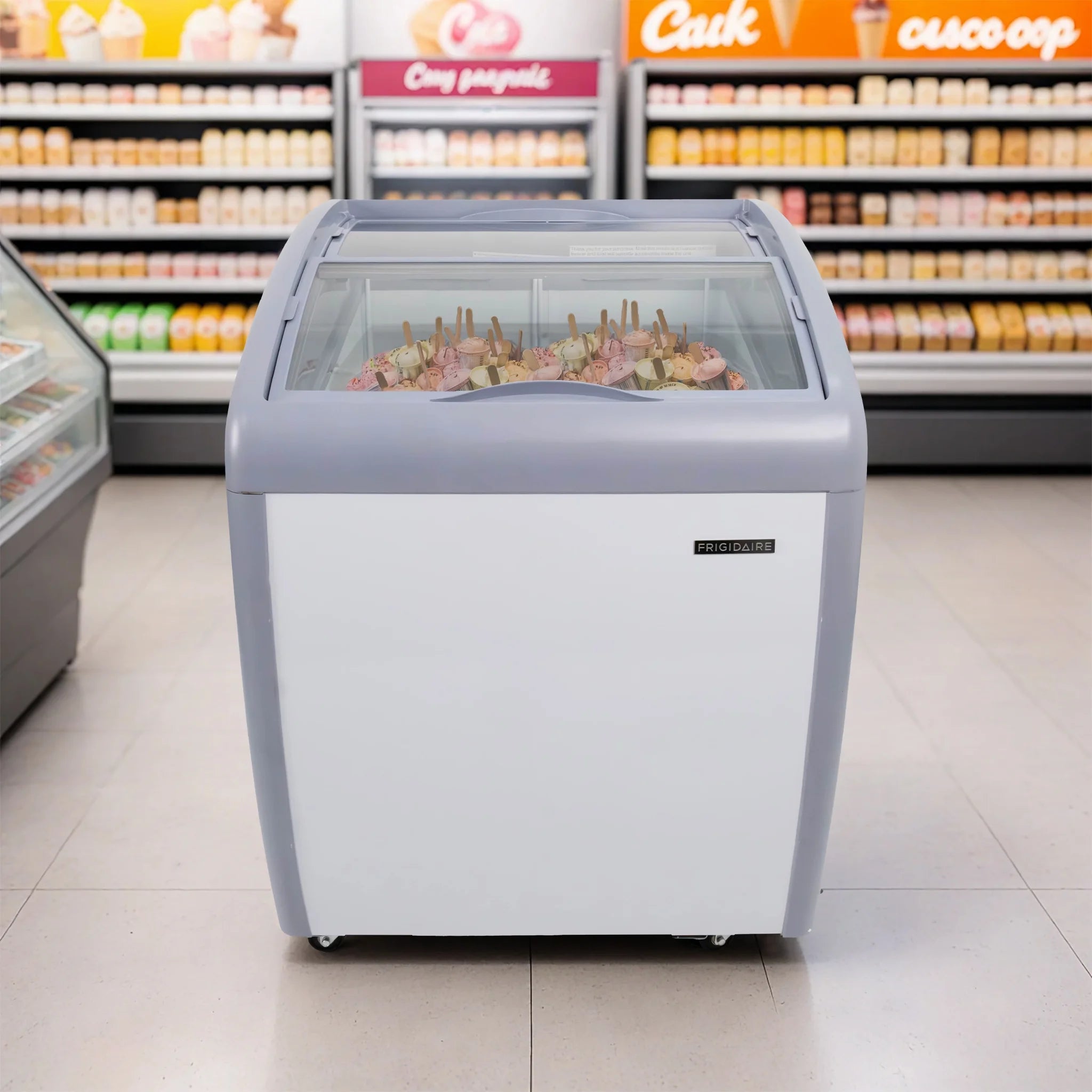 Frigidaire Commercial Chest Freezer for Ice Cream and Frozen Foods, Glass Top Display Storage Case, 4 Cu. Ft. Bin, Rolling Caster Wheels, Adjustable Temperature, Energy Efficient Cooling