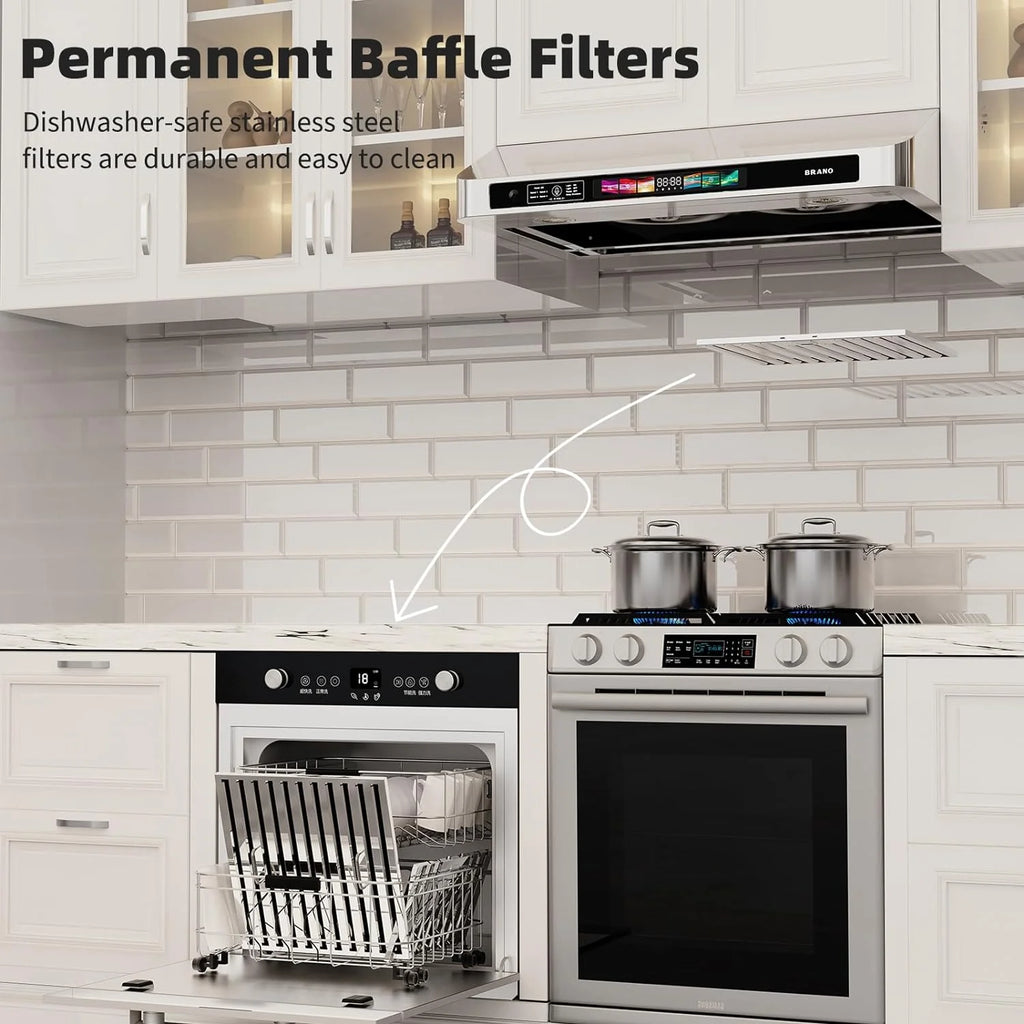 30 Inch Under Cabinet Range Hood with Voice/Gesture/Touch Control, 900 CFM Kitchen Vent Hood with 4-Speed Exhaust Fan, Stainless Steel Stove Hood with LED Lights, Baffle Filters