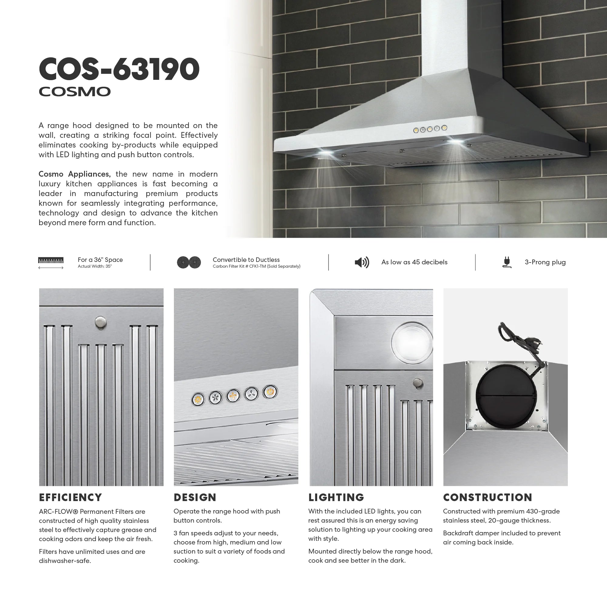 Cosmo 30 in. Ducted Range Hood in Stainless Steel with Touch Controls, LED Lighting and Permanent Filters